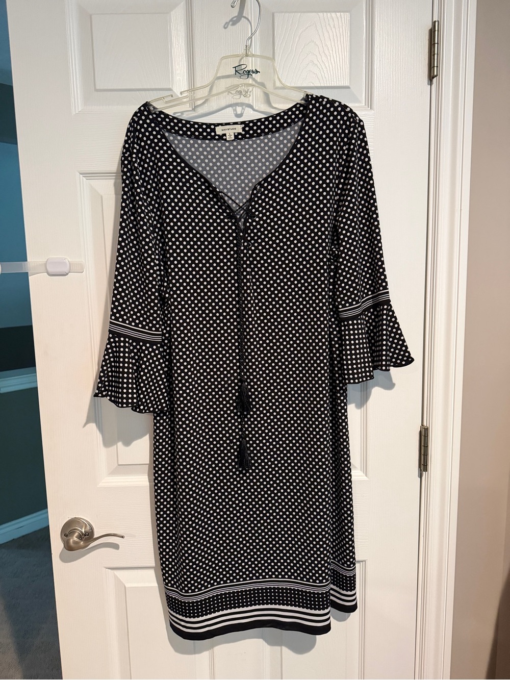 Max Studio Black and White Polka Dot Midi Dress with Tassel Tie